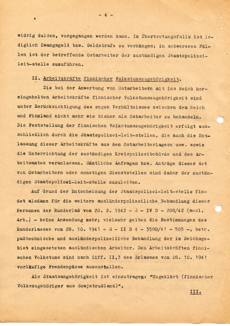 Reichsführer SS i.V. Kaltenbrunner  an die höheren Verwaltungsbehörden: Ostarbeitereinsatz, Beschränkung der Lebensführung