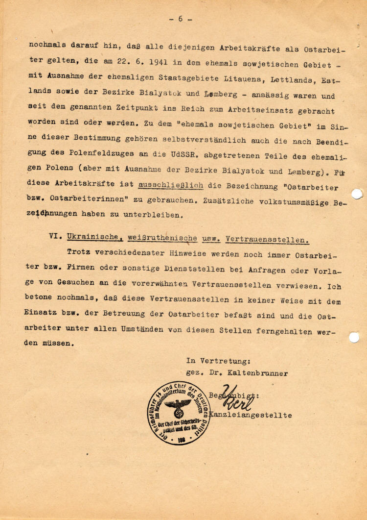 Reichsführer SS i.V. Kaltenbrunner  an die höheren Verwaltungsbehörden: Ostarbeitereinsatz, Beschränkung der Lebensführung