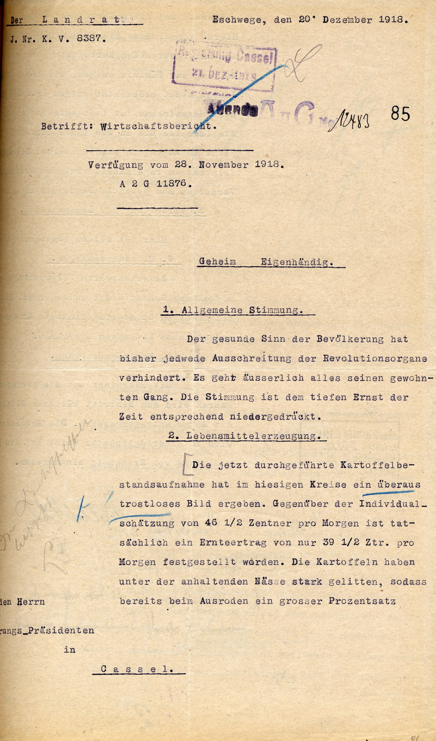 Geheimer Wirtschaftbericht des Landrates in Eschwege an den Regierungspräsidenten zu Cassel, 20. Dezember 1918.