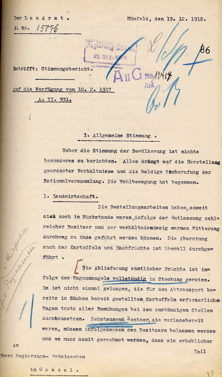 Stimmungsbericht des Landrates in Hünfeld an den Regierungspräsidenten zu Cassel, 19. Dezember 1918.
