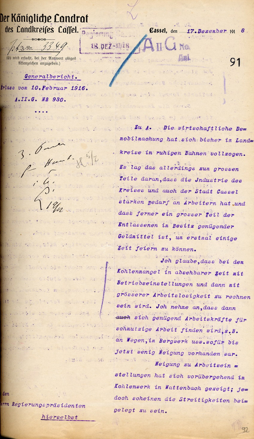 Generalbericht des Kgl. Landrates in Cassel an den Regierungspräsidenten zu Cassel, 17. Dezember 1918.