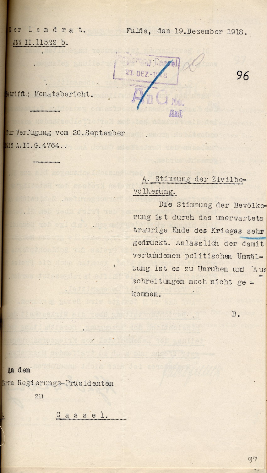 Monatsbericht des Landrates in Fulda an den Regierungspräsidenten zu Cassel, 19. Dezember 1918.