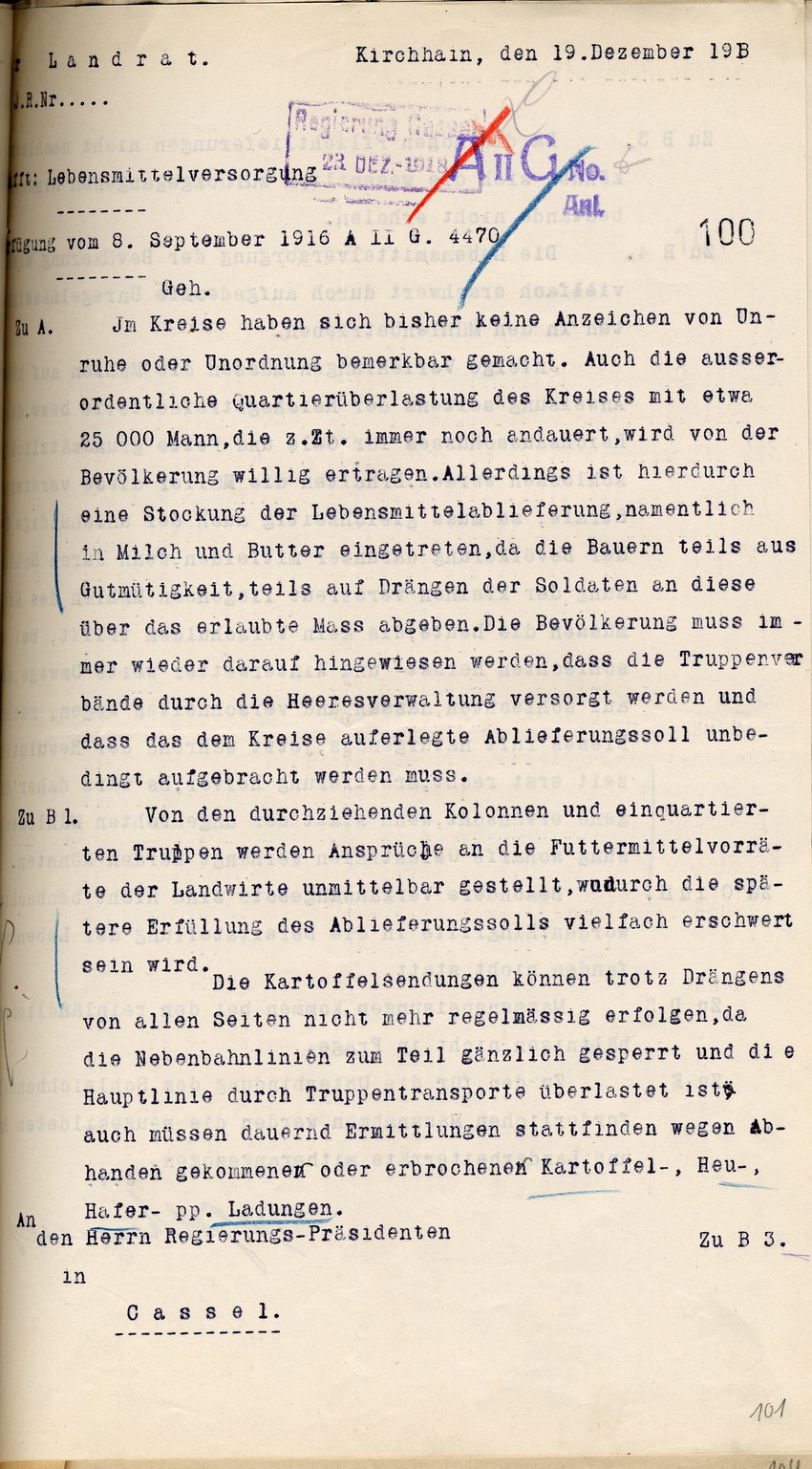Bericht über die Lebensmittelversorgung des Landrates in Kirchhain an den Regierungspräsidenten zu Cassel, 19. Dezember 1918.