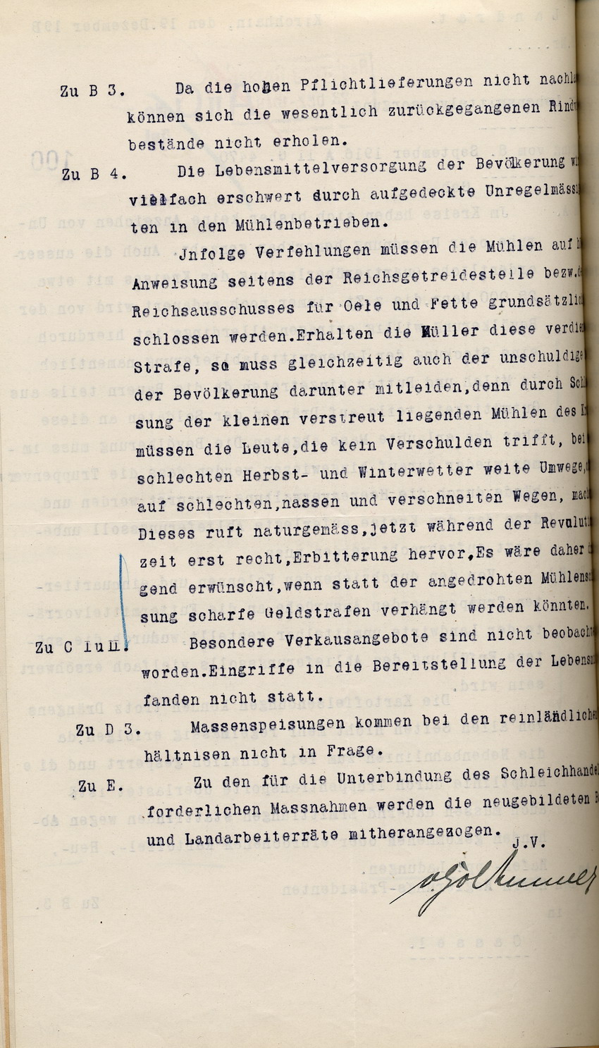Bericht über die Lebensmittelversorgung des Landrates in Kirchhain an den Regierungspräsidenten zu Cassel, 19. Dezember 1918.
