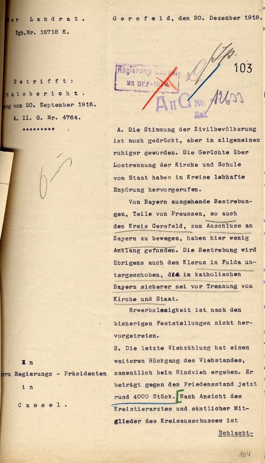 Monatsbericht des Landrates in Gersfeld an den Regierungspräsidenten zu Cassel, 20. Dezember 1918.