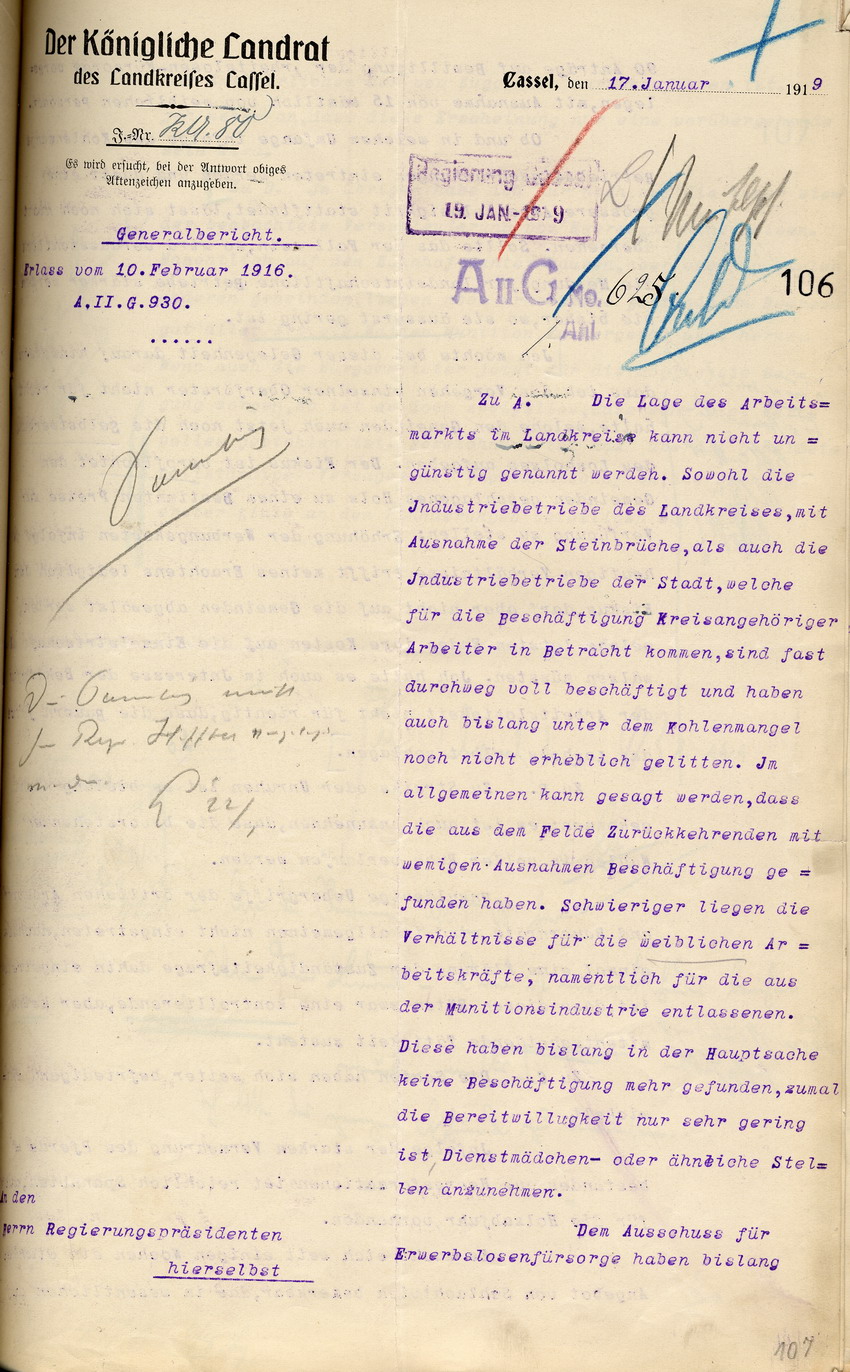Generalbericht des Landrates in Cassel an den Regierungspräsidenten zu Cassel, 17. Januar 1919.