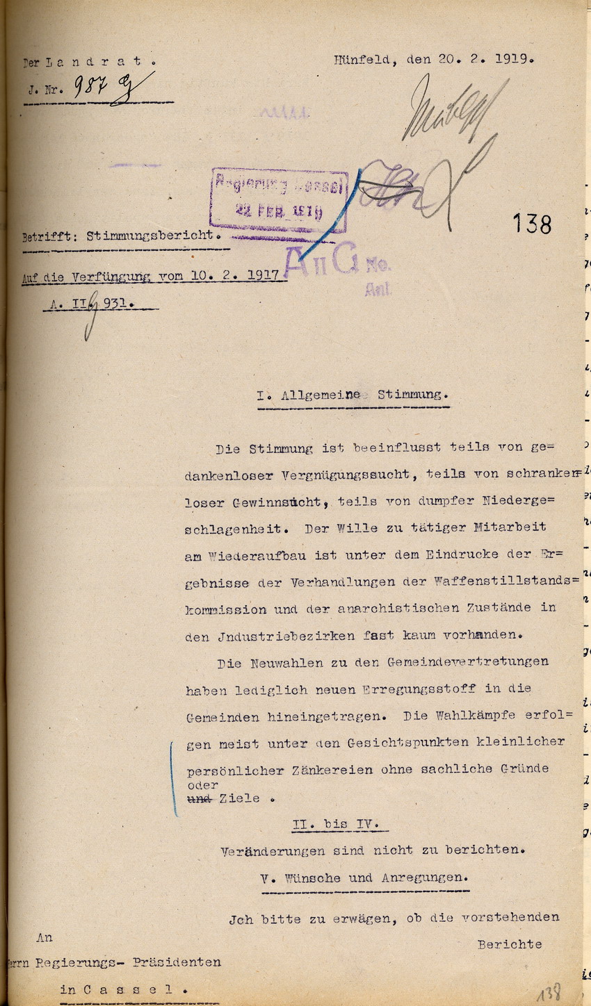 Stimmungsbericht des Landrates in Hünfeld an den Regierungspräsidenten zu Cassel, 20. Februar 1919.