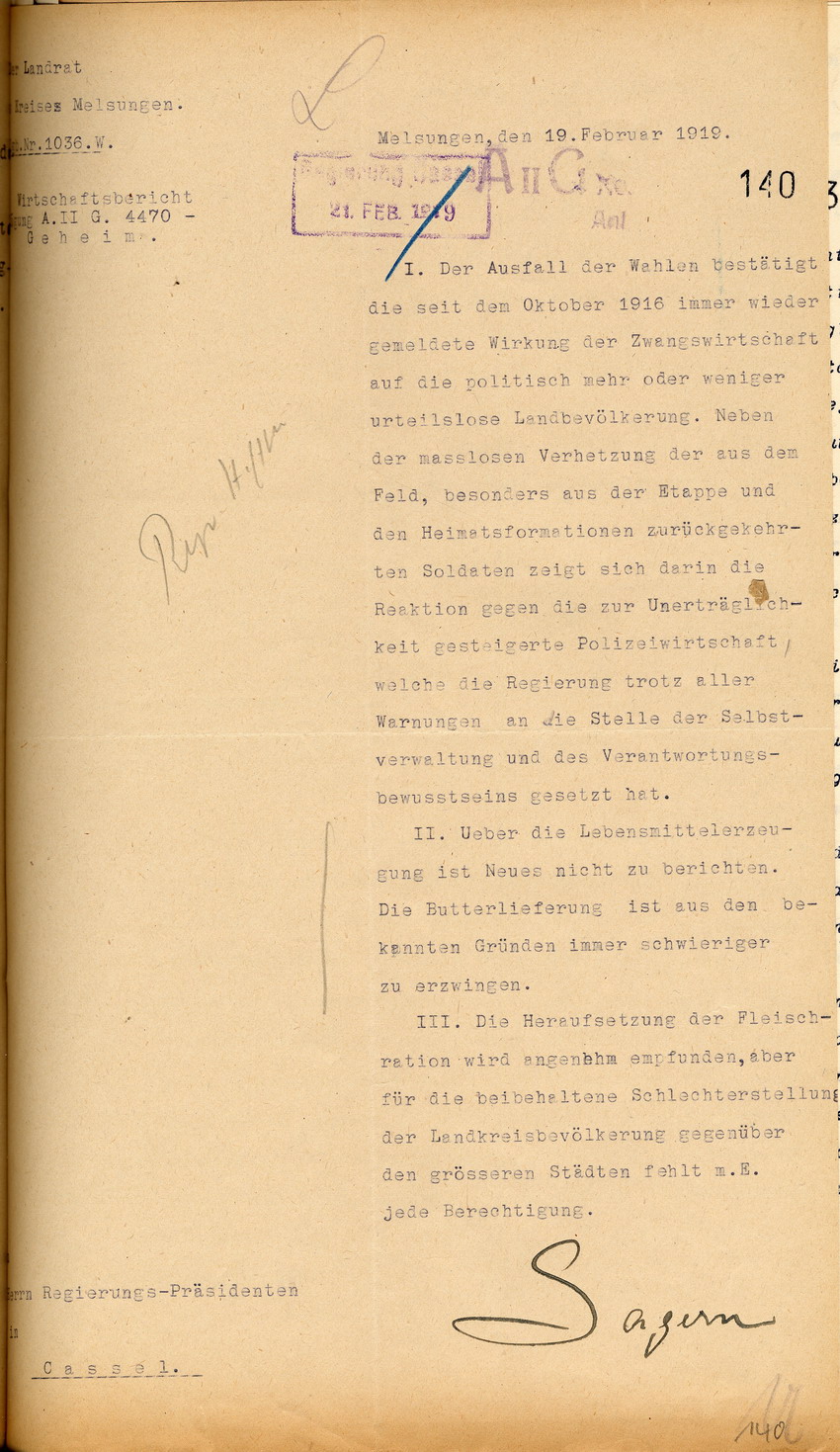 Geheimer Wirtschaftsbericht des Landrates in Melsungen an den Regierungspräsidenten zu Cassel, 19. Februar 1919.