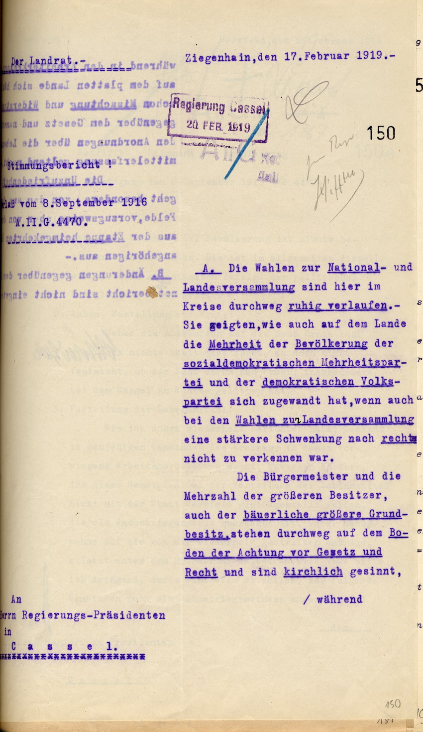 Stimmungsbericht des Landrates in Ziegenhain an den Regierungspräsidenten zu Cassel, 17. Februar 1919.