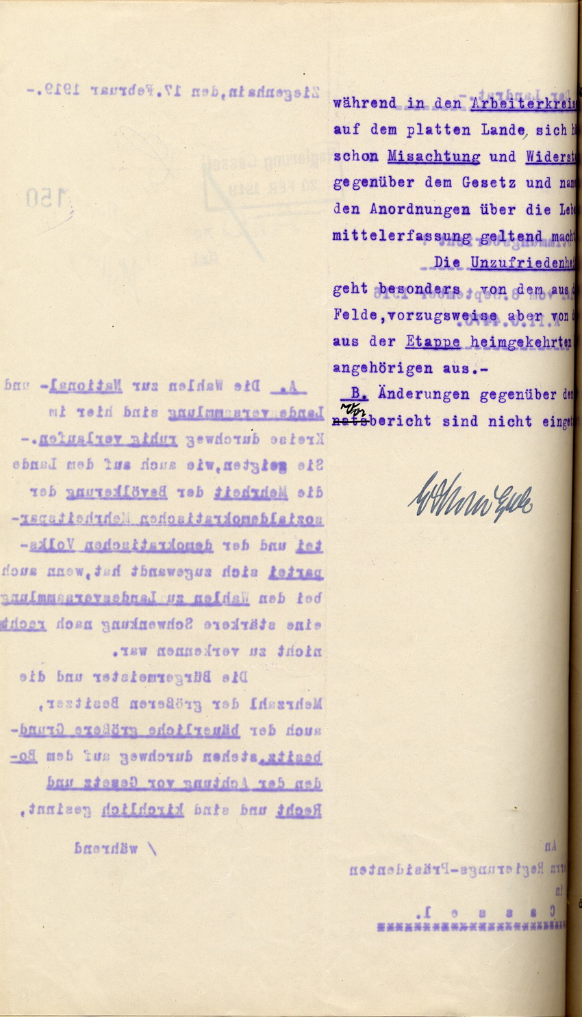 Stimmungsbericht des Landrates in Ziegenhain an den Regierungspräsidenten zu Cassel, 17. Februar 1919.
