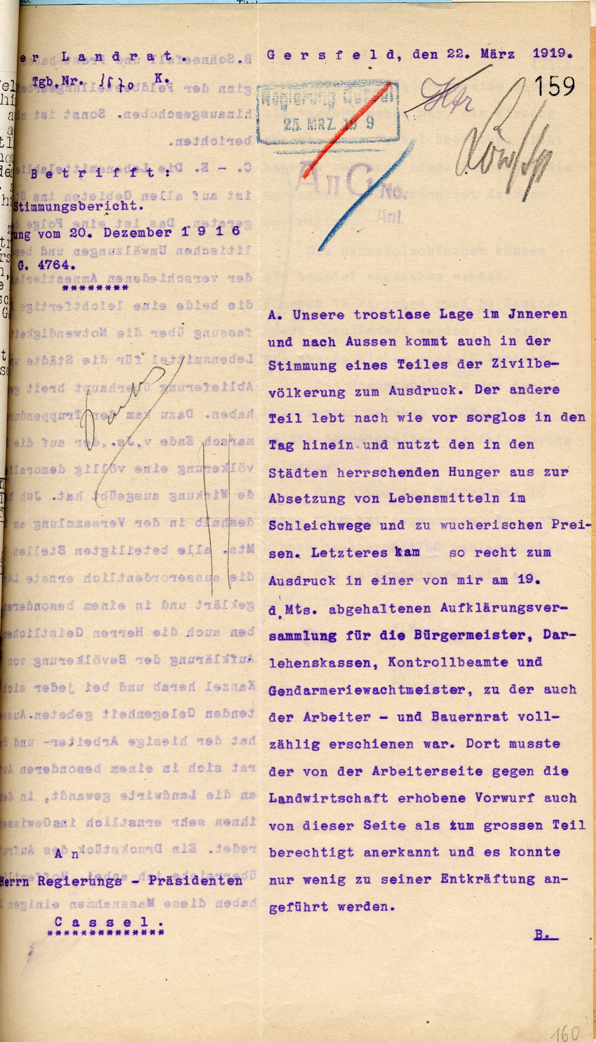 Stimmungsbericht des Landrates in Gersfeld an den Regierungspräasidenten in Cassel, 22. März 1919.