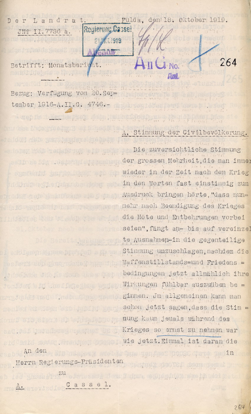 Monatsbericht des Landrates in Fulda an den Regierungspräsidenten zu Cassel, 18. Oktober 1919.