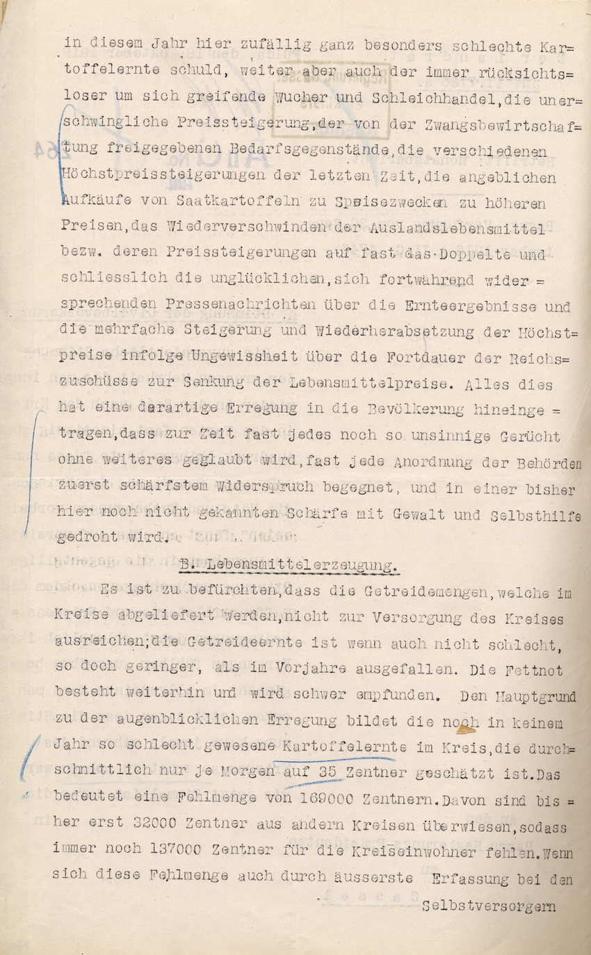Monatsbericht des Landrates in Fulda an den Regierungspräsidenten zu Cassel, 18. Oktober 1919.
