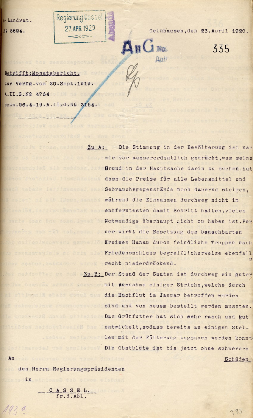 Monatsbericht des Landrates in Gelnhausen an den Regierungspräsidenten zu Cassel, 23. April 1920.