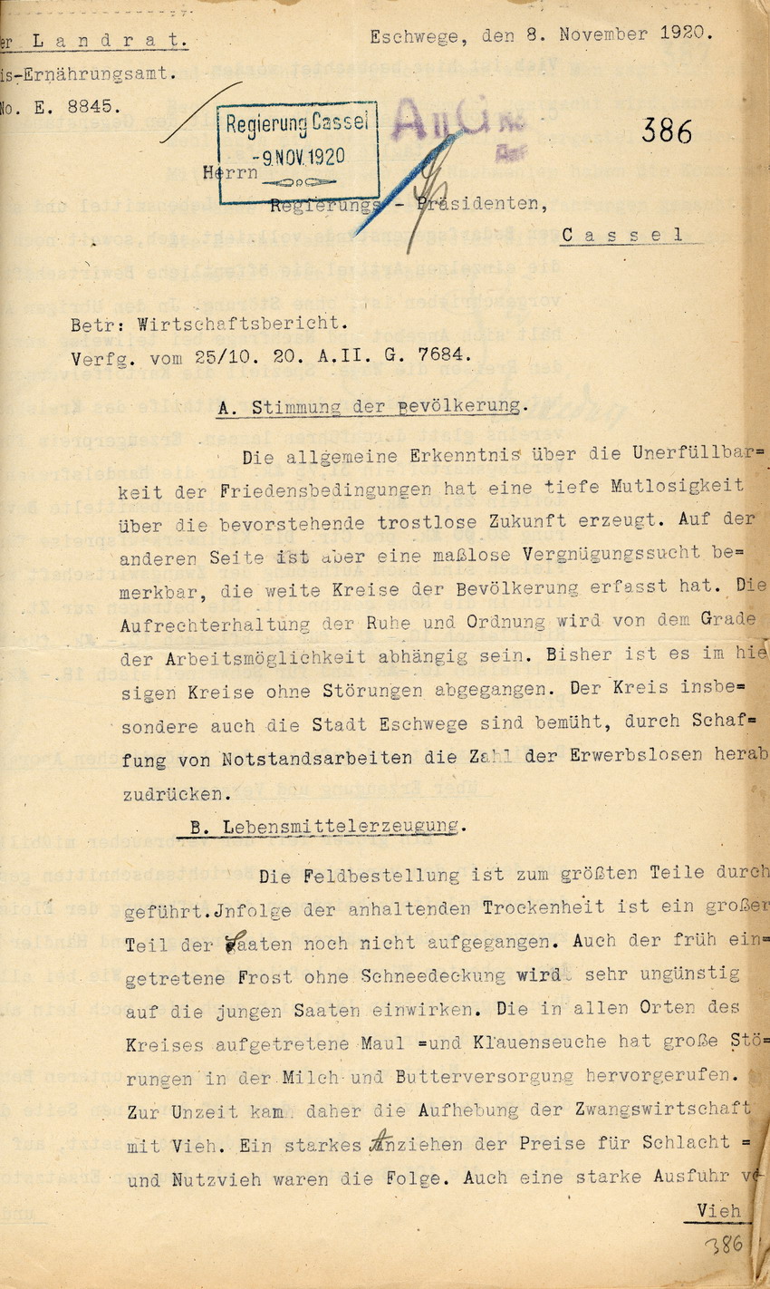 Wirtschaftsbericht des Landrates in Eschwege an den Regierungspräsidenten zu Cassel, 9. November 1920.