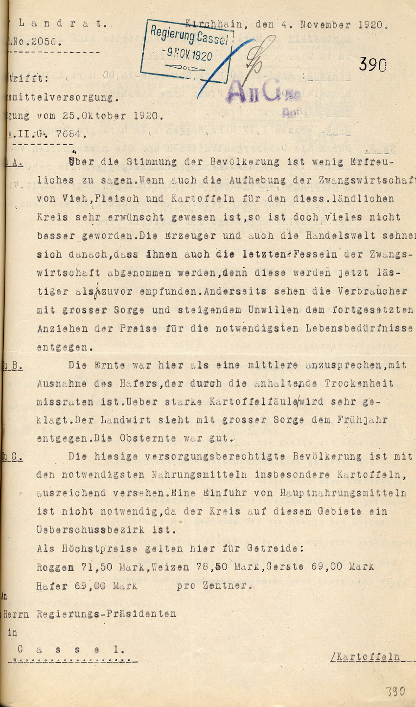 Bericht zur Lebensmittelversorgung des Landrates in Kirchhain an den Regierungspräsidenten zu Cassel, 4. November 1920.