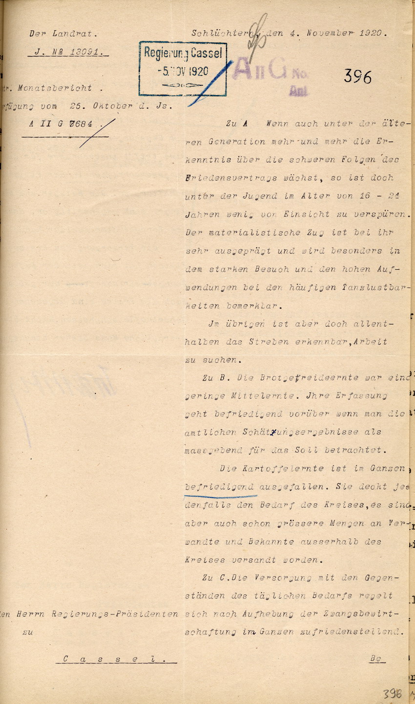 Monatsbericht des Landrates in Schlüchtern an den Regierungspräsidenten zu Cassel, 4. November 1920.