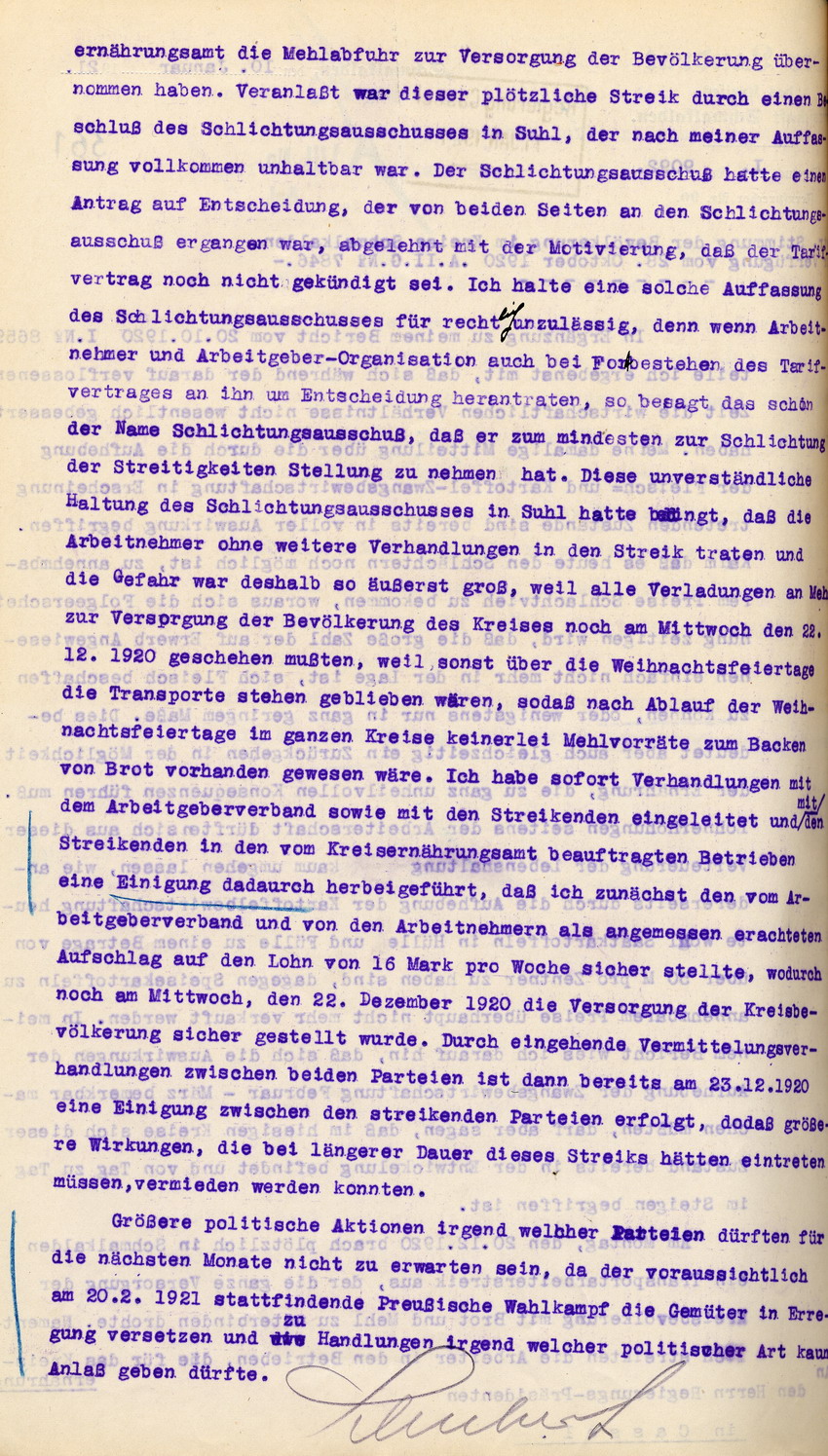 Bericht über die Stimmung der Bevölkerung des Landrates der Herrschaft Schmalkalden an den Regierungspräsidenten zu Cassel, 10. Januar 1921.