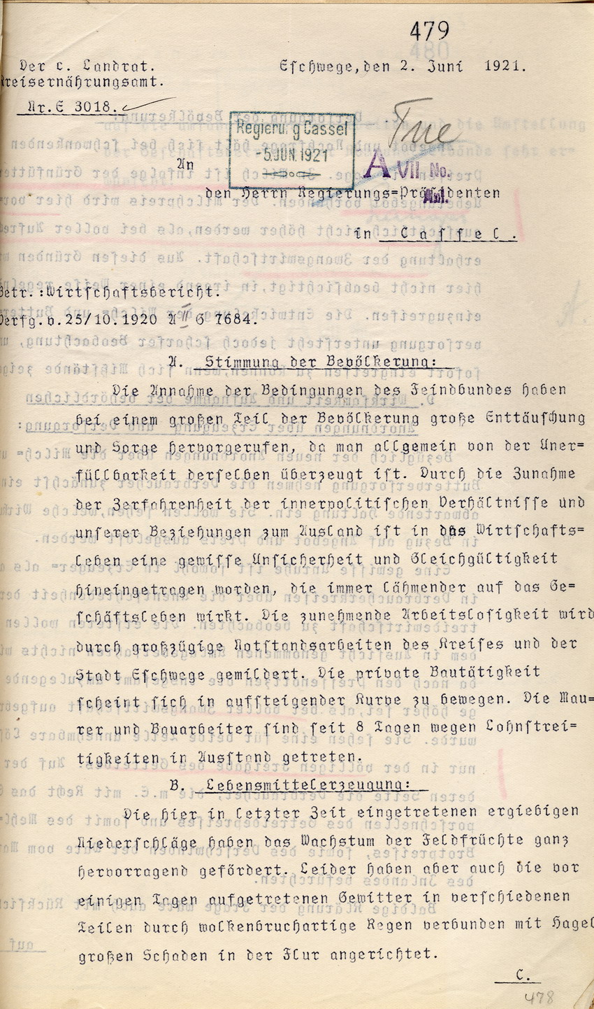 Wirtschaftsbericht des com. Landrates/des Ernährunsamtes des Kreises Eschwege an den Regierungspräsidenten zu Cassel, 2. Juni 1921.