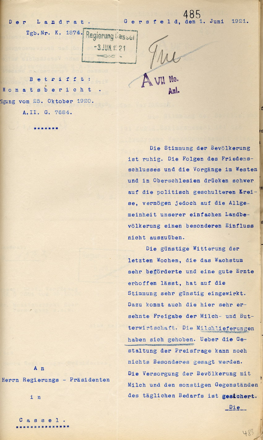 Monatsbericht des Landrates in Gersfeld an den Regierungspräsidenten zu Cassel, 1. Juni 1921.