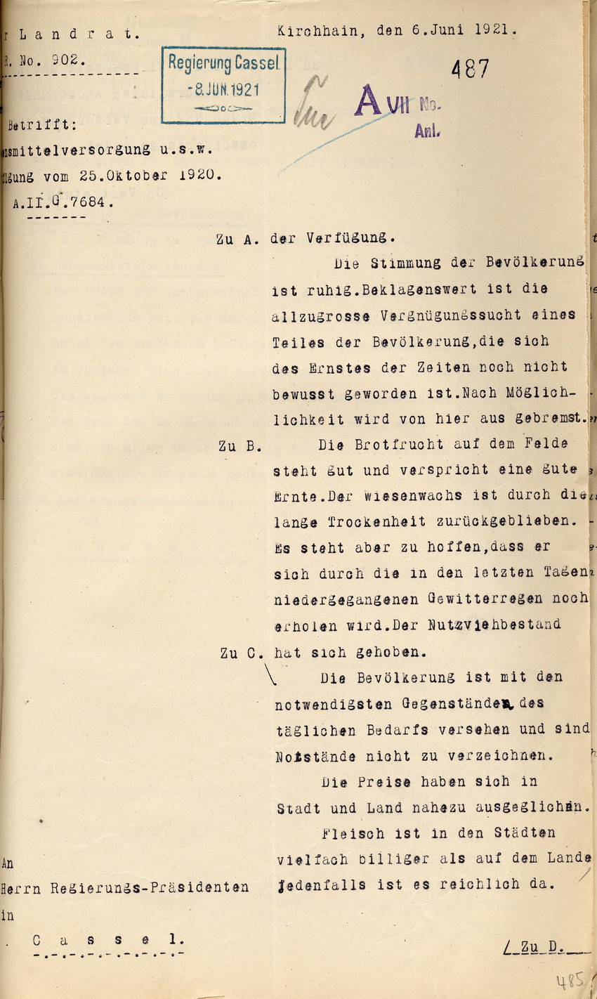 Bericht über die Lebensmittelversorgung des Landrates in Kirchhain an den Regierungspräsidenten zu Cassel, 6. Juni 1921.