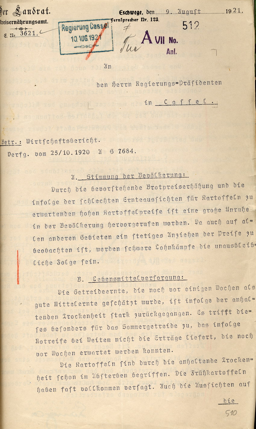 Wirtschaftsbericht des Landrates/Kreisernährungsamts in Eschwege an den Regierungspräsidenten zu Cassel, 9. August 1921
