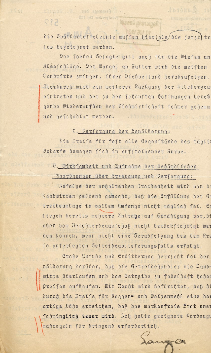 Wirtschaftsbericht des Landrates/Kreisernährungsamts in Eschwege an den Regierungspräsidenten zu Cassel, 9. August 1921