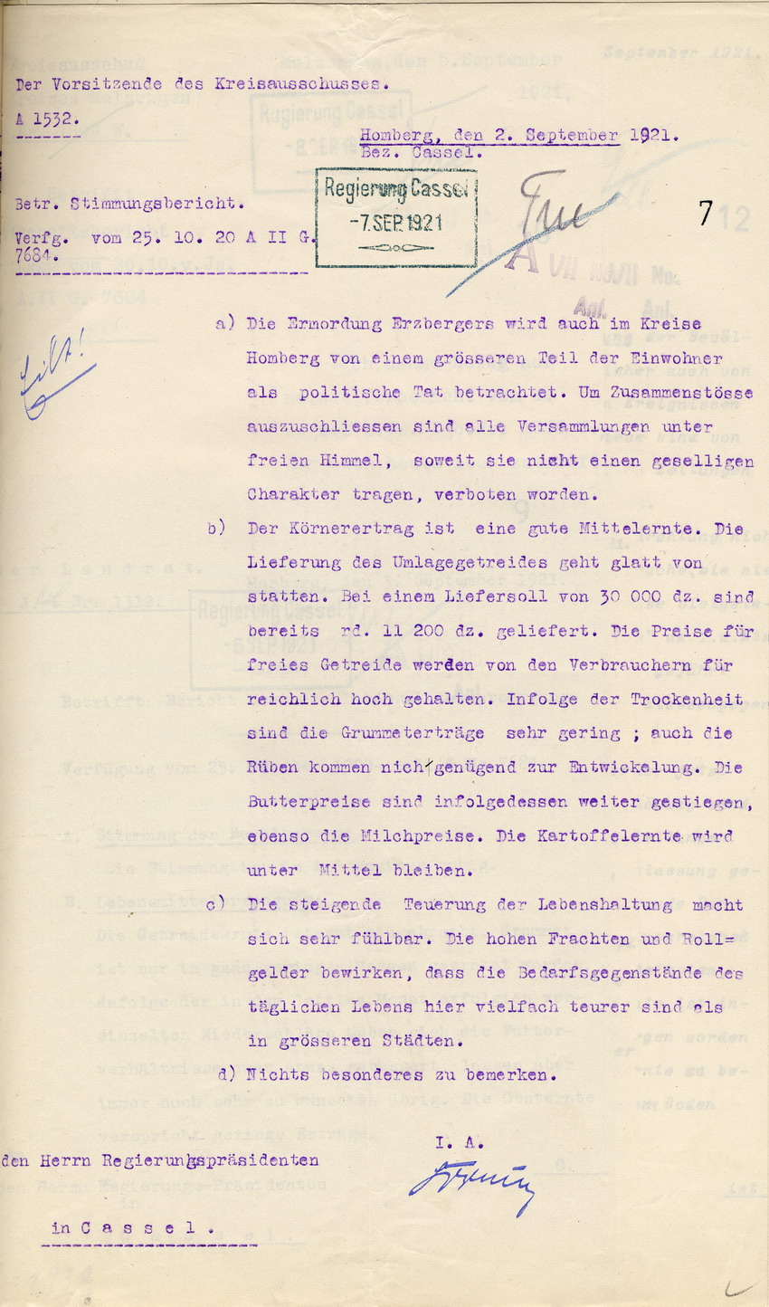 Stimmungsbericht des Kreisausschusses in Homberg an den Regierungspräsidenten zu Cassel, 2. September 1921.