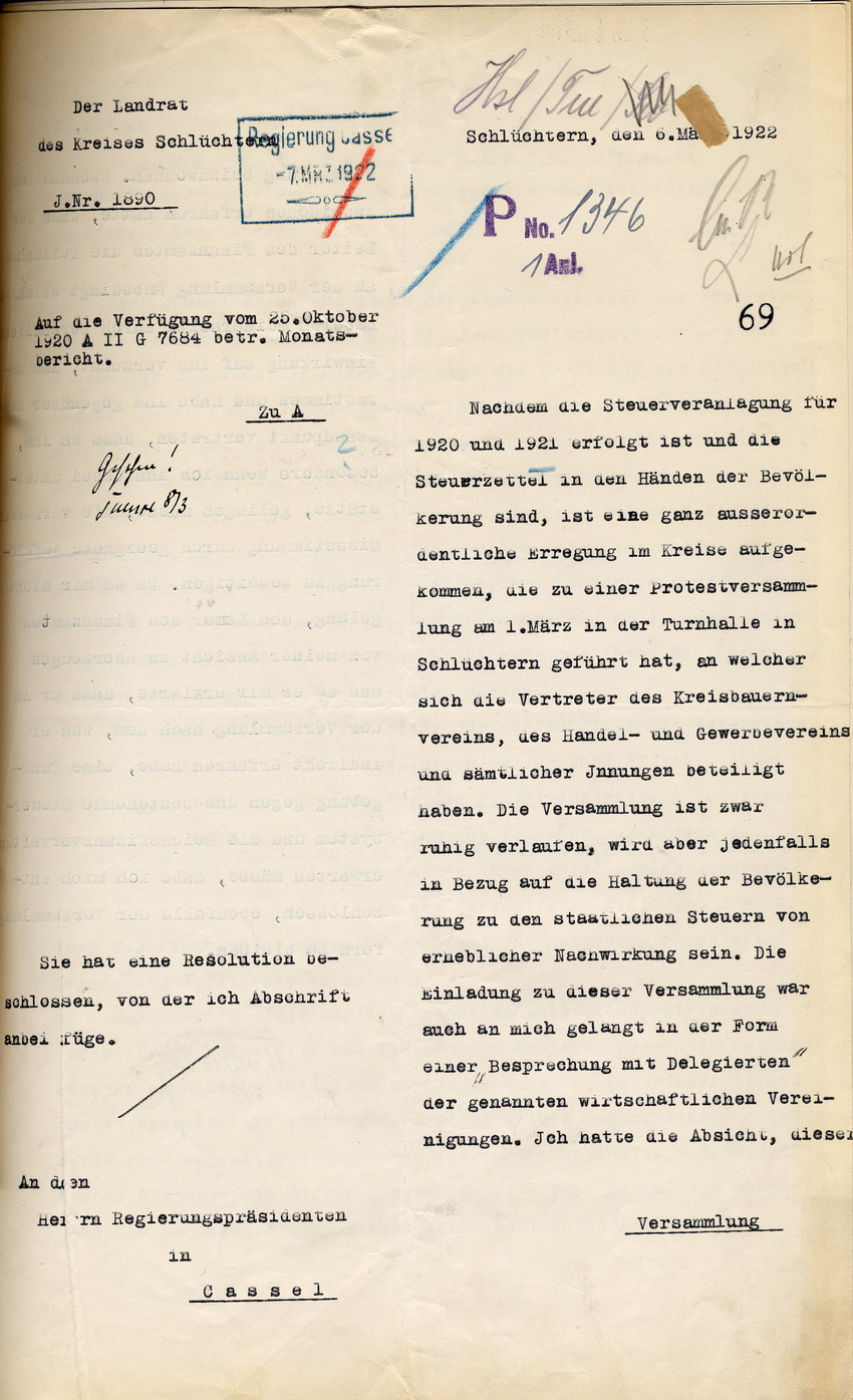 Monatsbericht des Landrates in Schlüchtern an den Regierungspräsidenten zu Cassel, 6. März 1922.