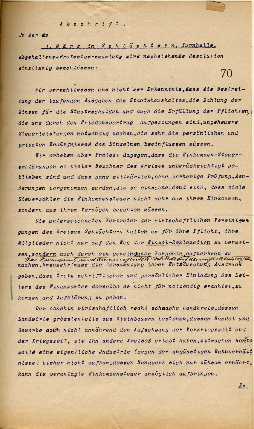 Resolution nach einer Protestversammlung in Schlüchtern, 1. März 1922.