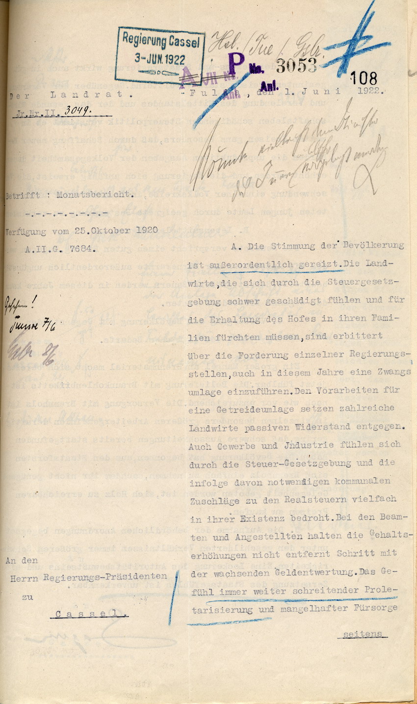 Monatsbericht des Landrates in Fulda an den Regierungspräsidenten zu Cassel, 1. Juni 1922.