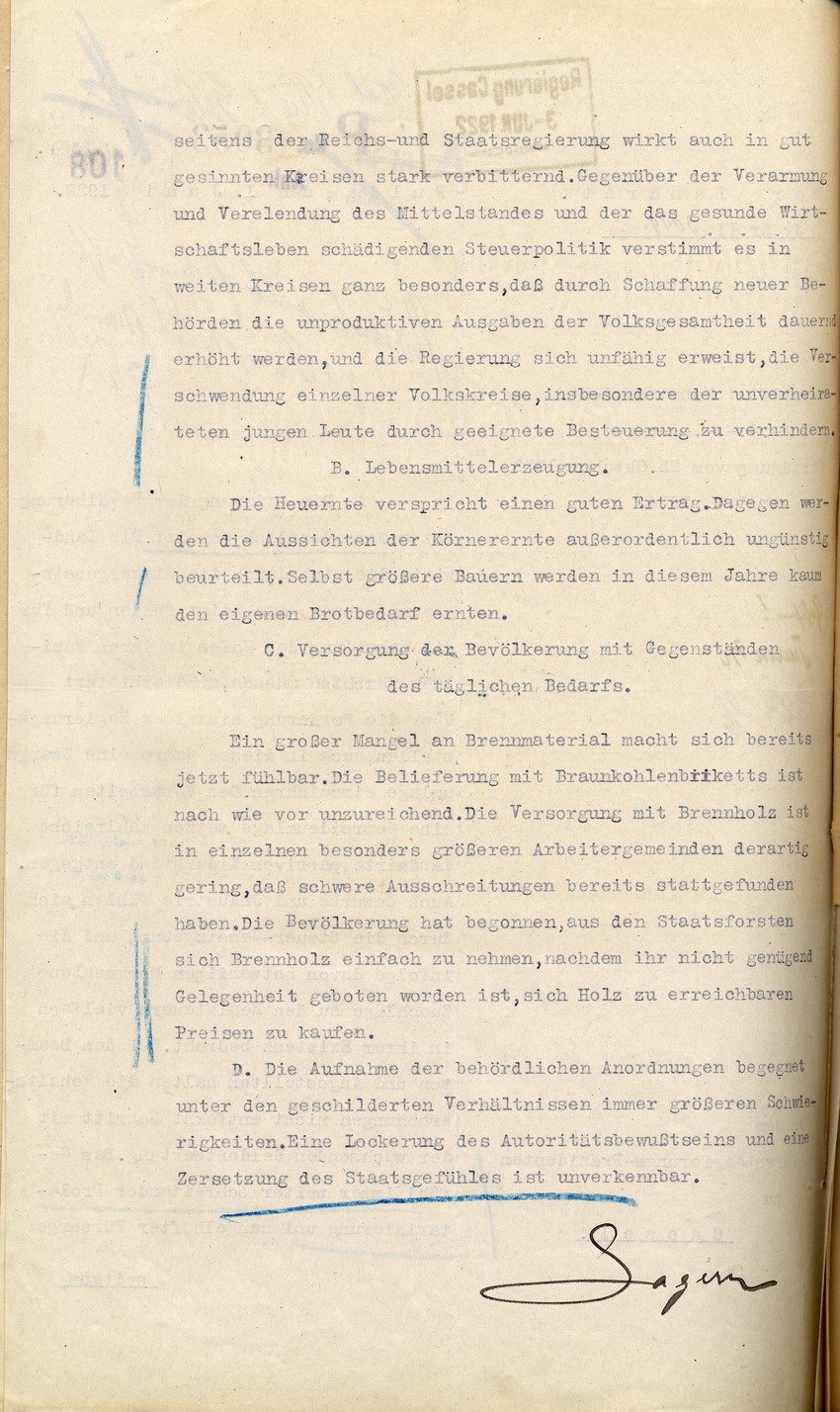 Monatsbericht des Landrates in Fulda an den Regierungspräsidenten zu Cassel, 1. Juni 1922.
