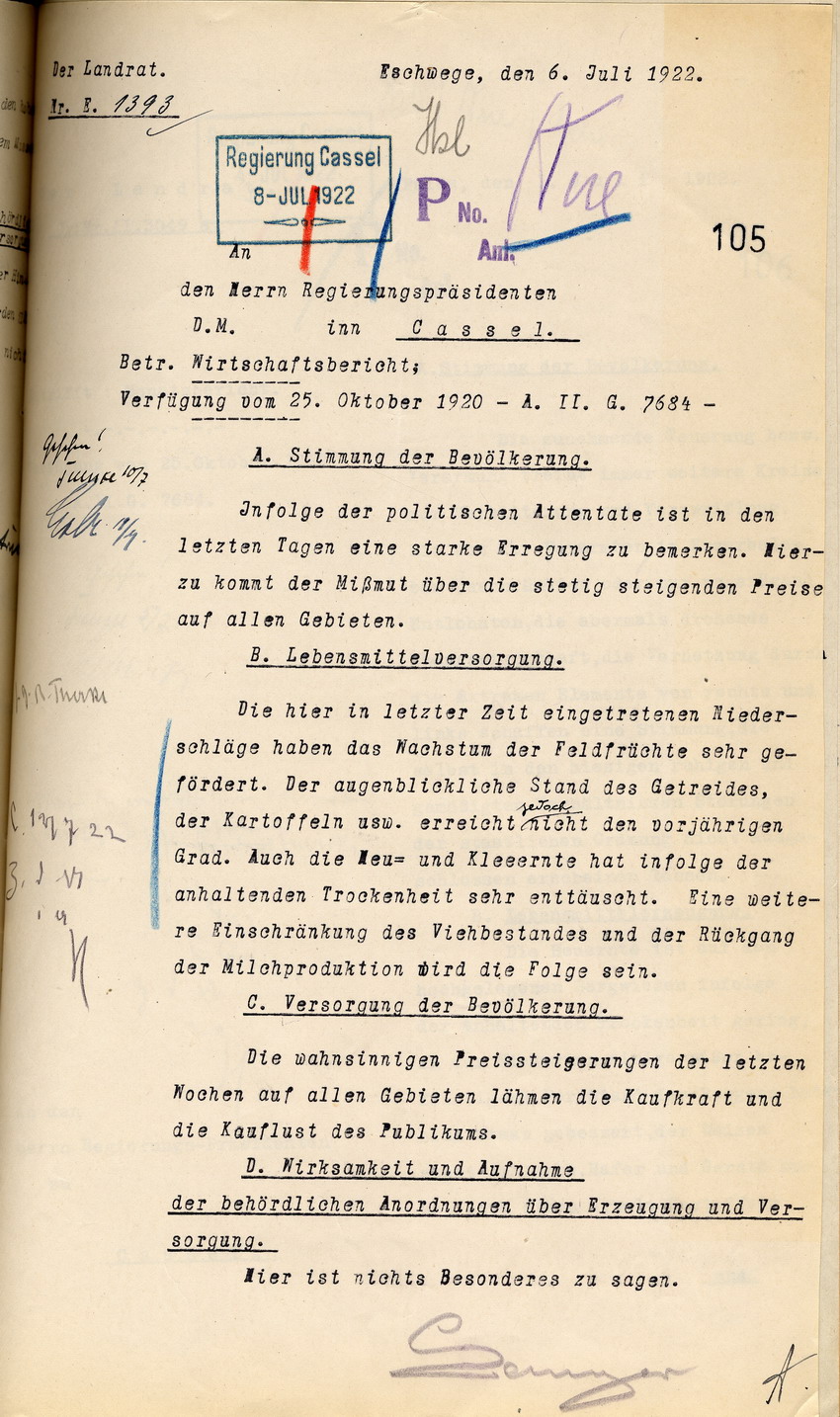 Wirtschaftsbericht des Landrates in Eschwege an den Regierungspräsidenten zu Cassel, 6. Juli 1922.