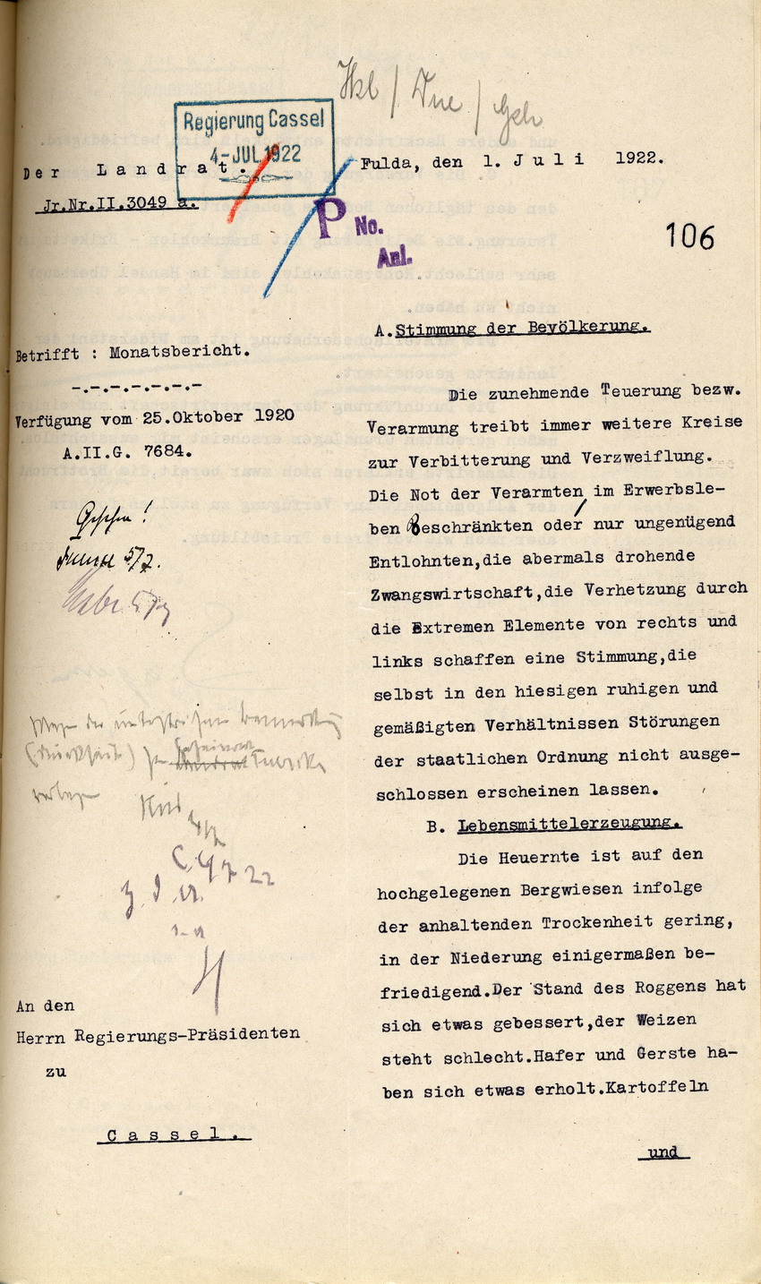 Monatsbericht des Landrates in Fulda an den Regierungspräasidenten zu Cassel, 1. Juli 1922.