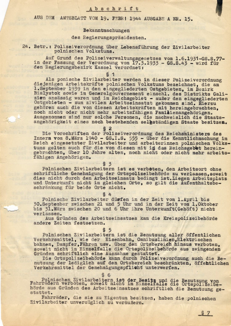 Amtsblatt Ausgabe A Nr. 15 vom 19. Februar 1944: Polizeiverordnung über die Lebensführung der Zivilarbeiter polnischen Volkstums