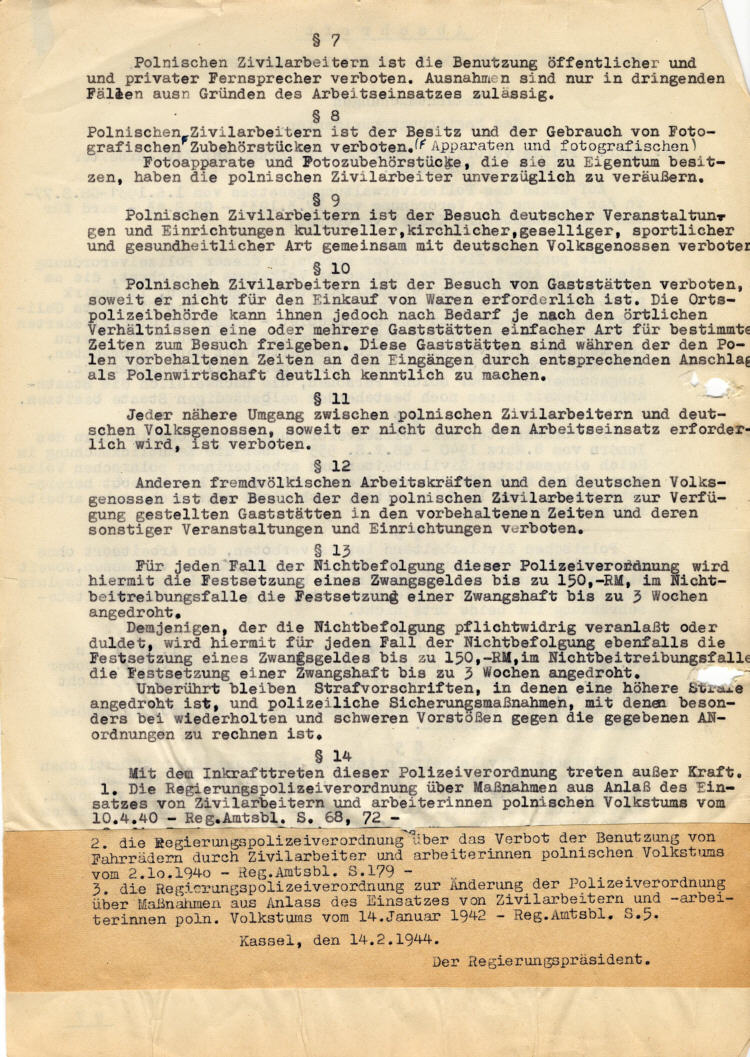 Amtsblatt Ausgabe A Nr. 15 vom 19. Februar 1944: Polizeiverordnung über die Lebensführung der Zivilarbeiter polnischen Volkstums