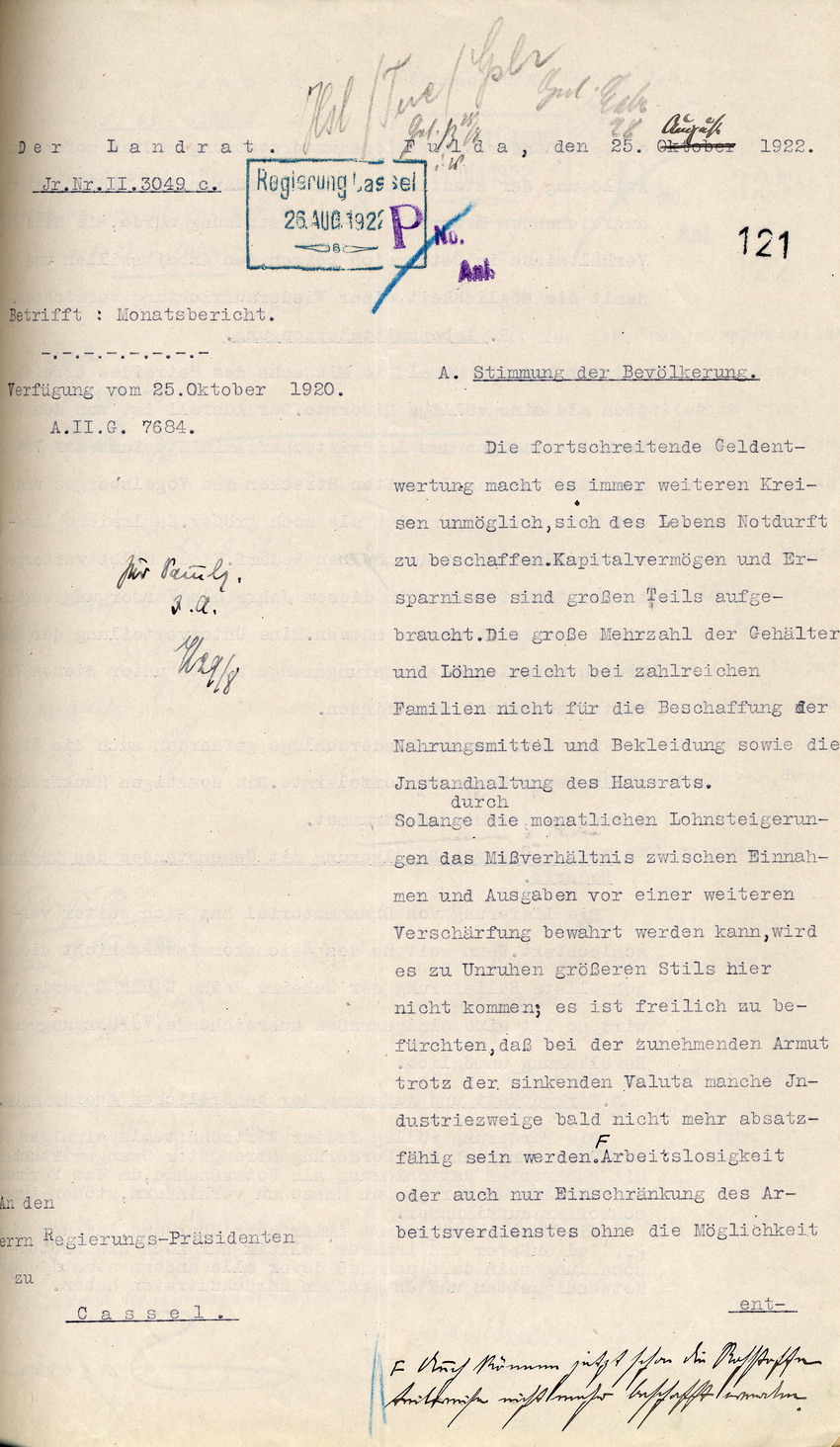 Monatsbericht des Landrates in Fulda an den Regierungspräsidenten zu Cassel, 25. August 1922.