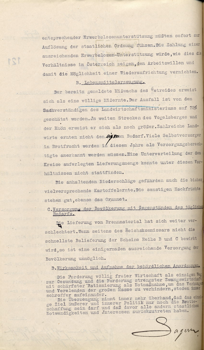 Monatsbericht des Landrates in Fulda an den Regierungspräsidenten zu Cassel, 25. August 1922.