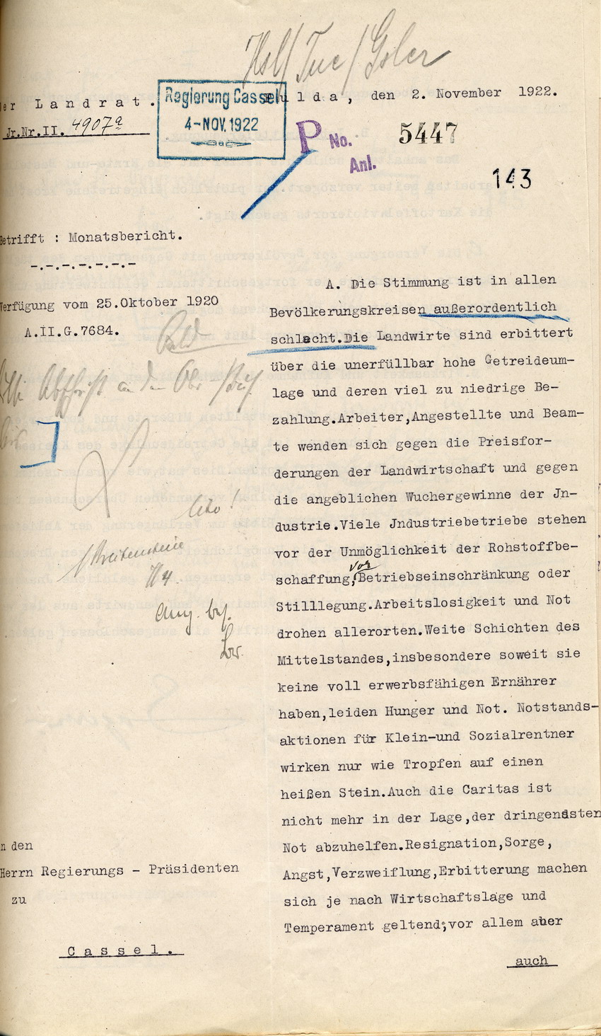 Monatsbericht  des Landrates in Fulda an den Regierungspräsidenten zu Cassel, 2. November 1922.