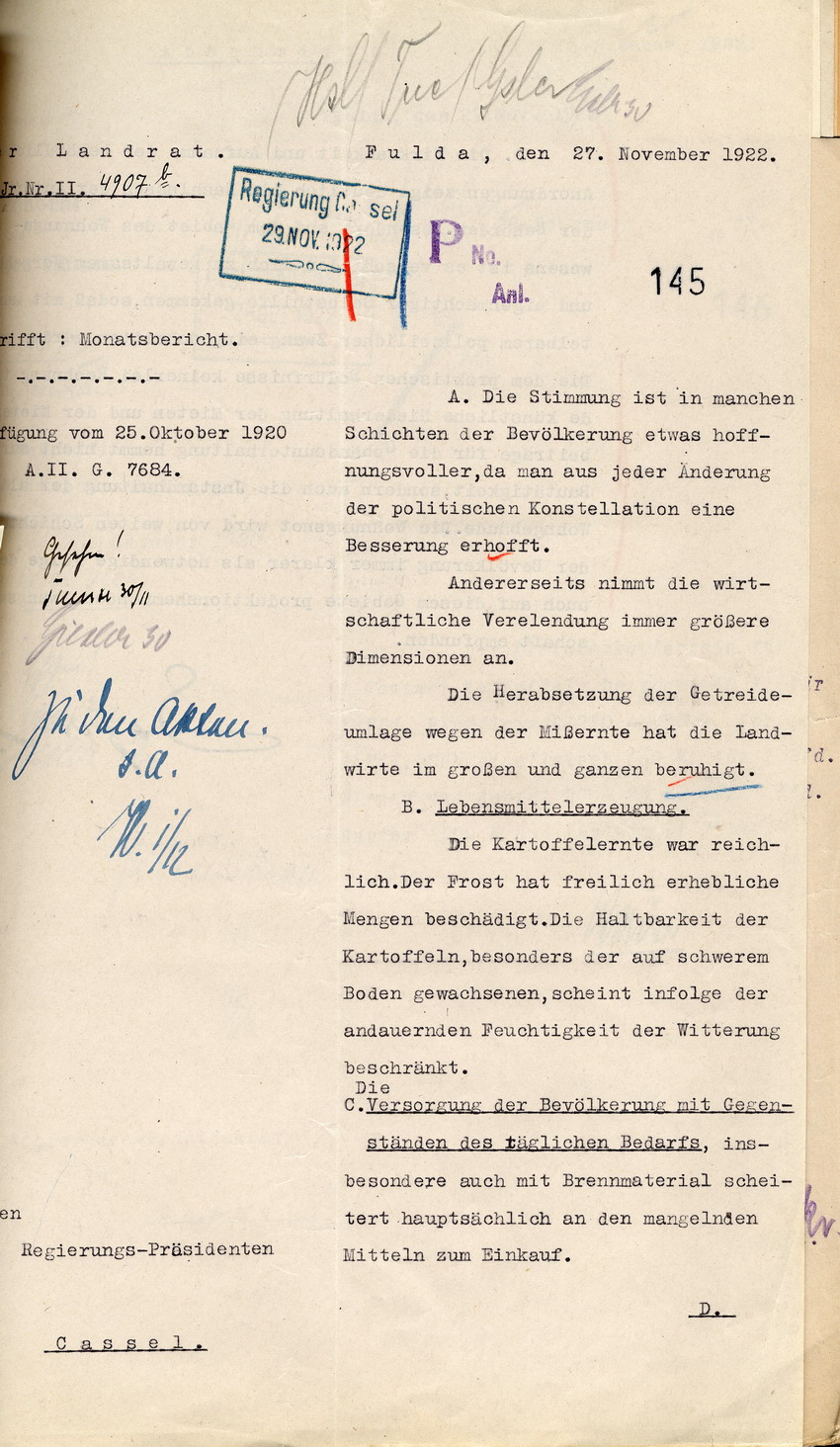 Monatsbericht des Landrates in Fulda an den Regierungspräsidenten zu Cassel, 27. November 1922.