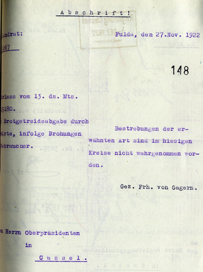 Abschrift eines Berichts des Landrates in Fulda an den Regierungspräsidenten zu Cassel, 27. November 1922