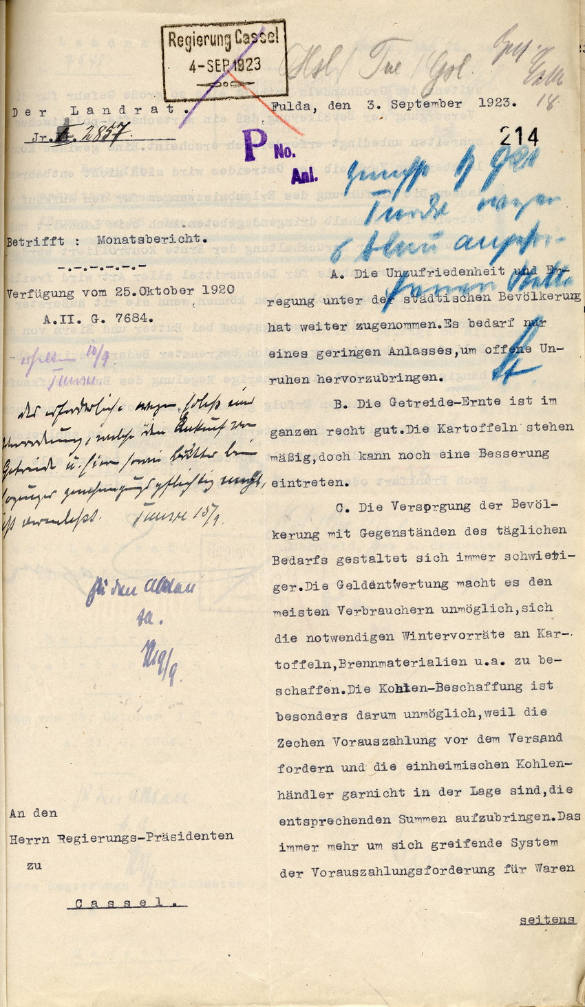 Monatsbericht des Landrates in Fulda an den Regierungspräsidenten zu Cassel, 3. September 1923.