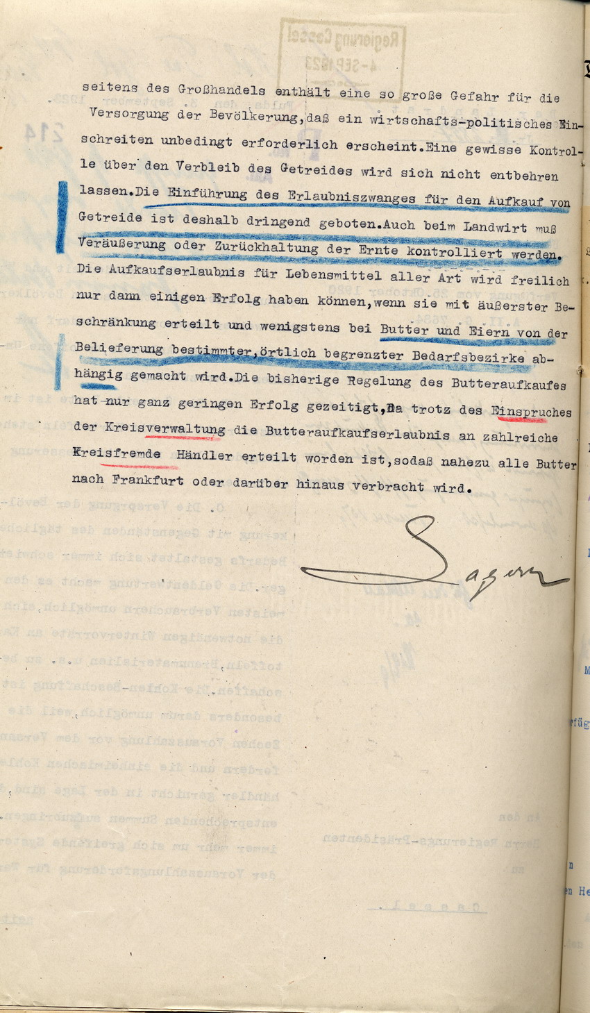 Monatsbericht des Landrates in Fulda an den Regierungspräsidenten zu Cassel, 3. September 1923.