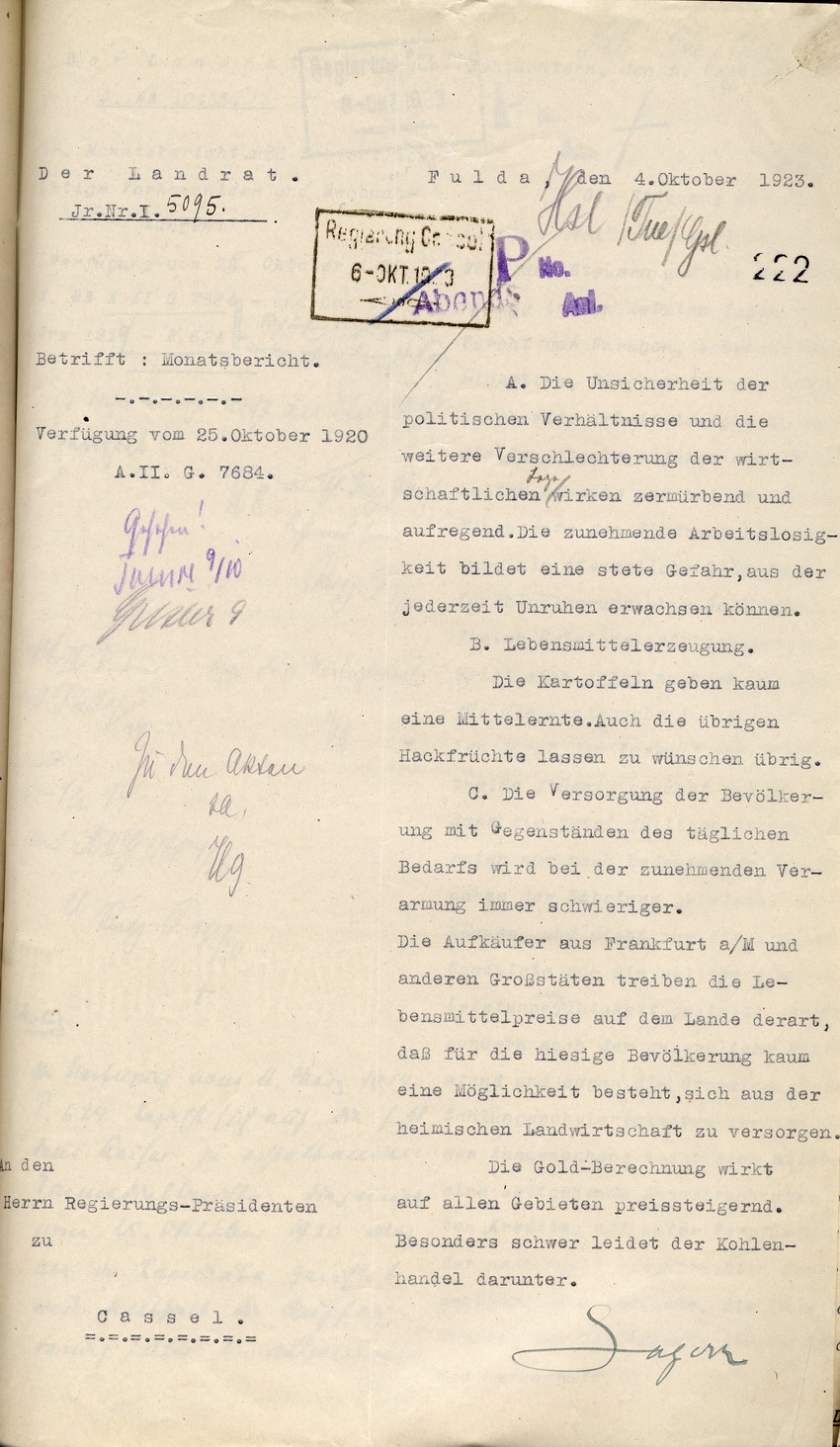 Monatsbericht des Landrates in Fulda an den Regierungspräsidenten zu Cassel, 4. Oktober 1923.