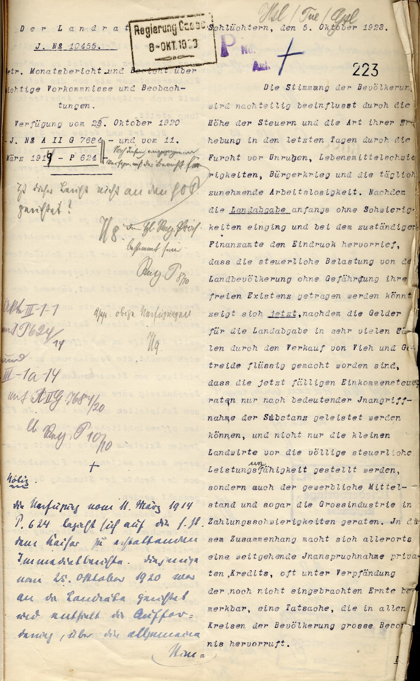 Monatsbericht und Bericht über wichtige Vorkomnisse und Beobachtungen des Landrates in Schlüchtern an den den Regierungspräsidenten zu Cassel, 5. Oktober 1923.