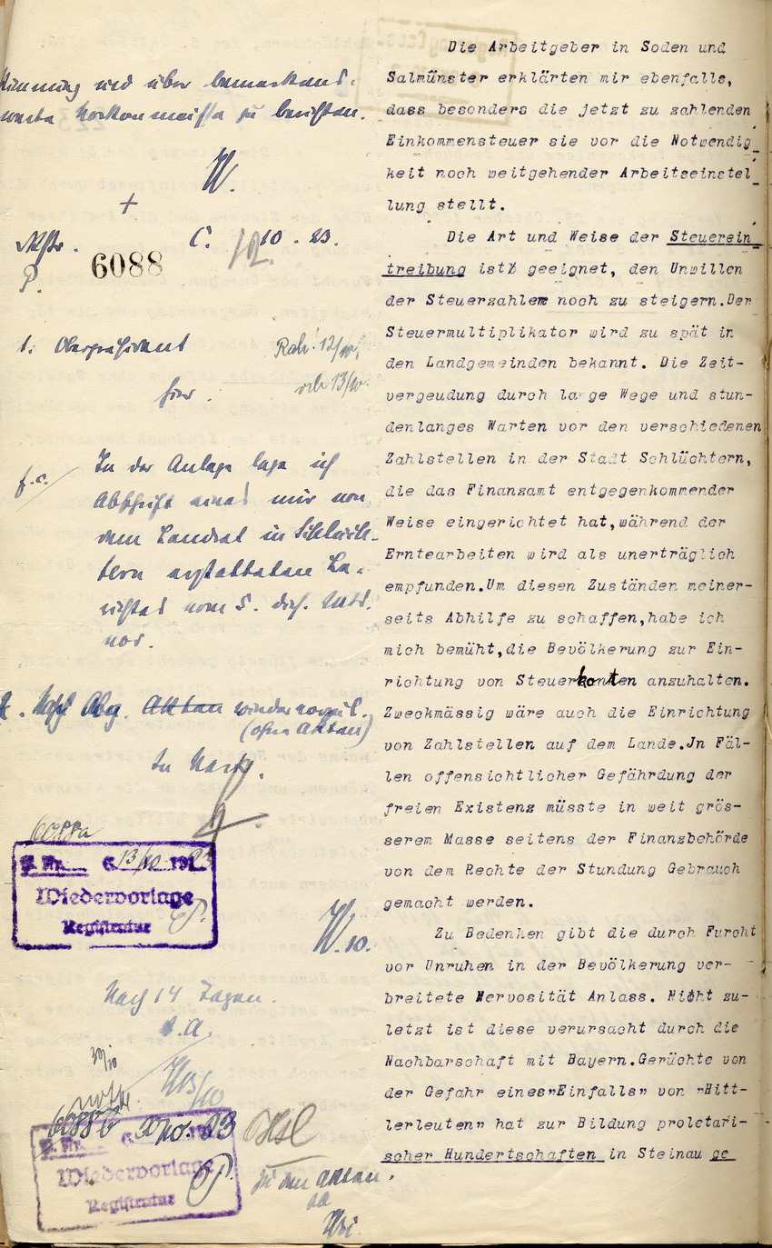 Monatsbericht und Bericht über wichtige Vorkomnisse und Beobachtungen des Landrates in Schlüchtern an den den Regierungspräsidenten zu Cassel, 5. Oktober 1923.