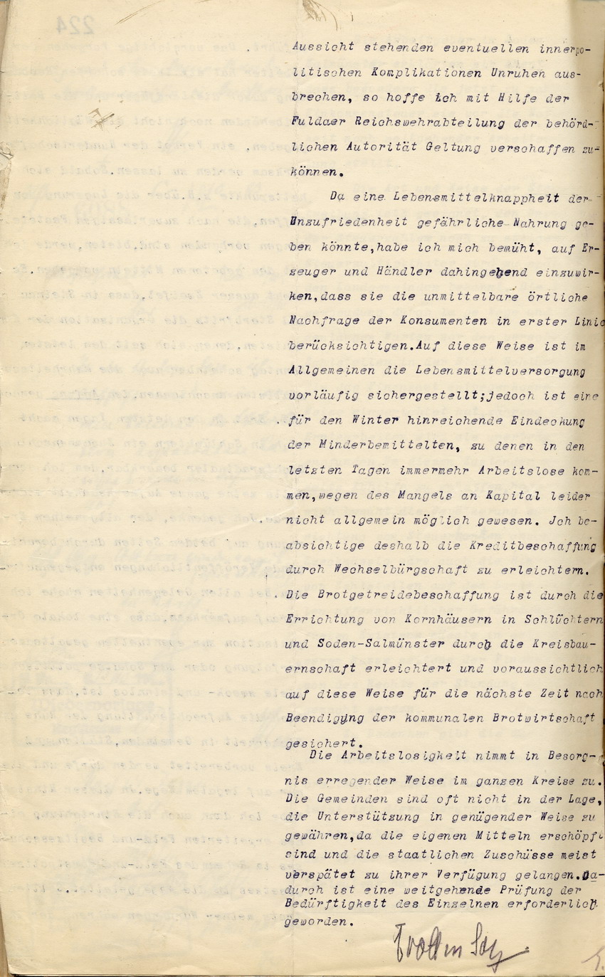Monatsbericht und Bericht über wichtige Vorkomnisse und Beobachtungen des Landrates in Schlüchtern an den den Regierungspräsidenten zu Cassel, 5. Oktober 1923.