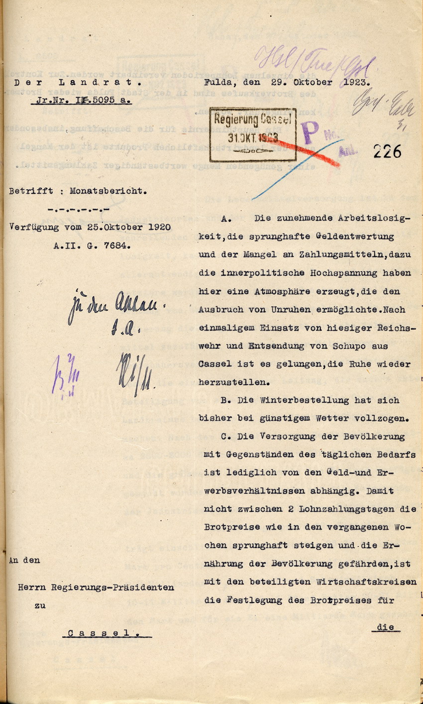 Monatsbericht des Landrates in Fulda an den Regierungspräsidenten zu Cassel, 29. Oktober 1923.