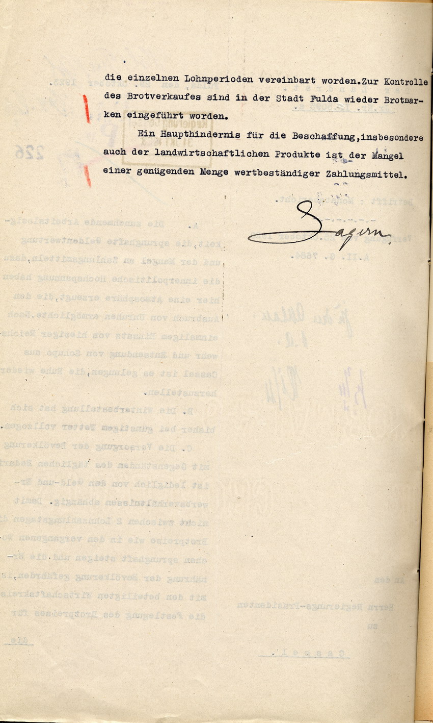 Monatsbericht des Landrates in Fulda an den Regierungspräsidenten zu Cassel, 29. Oktober 1923.