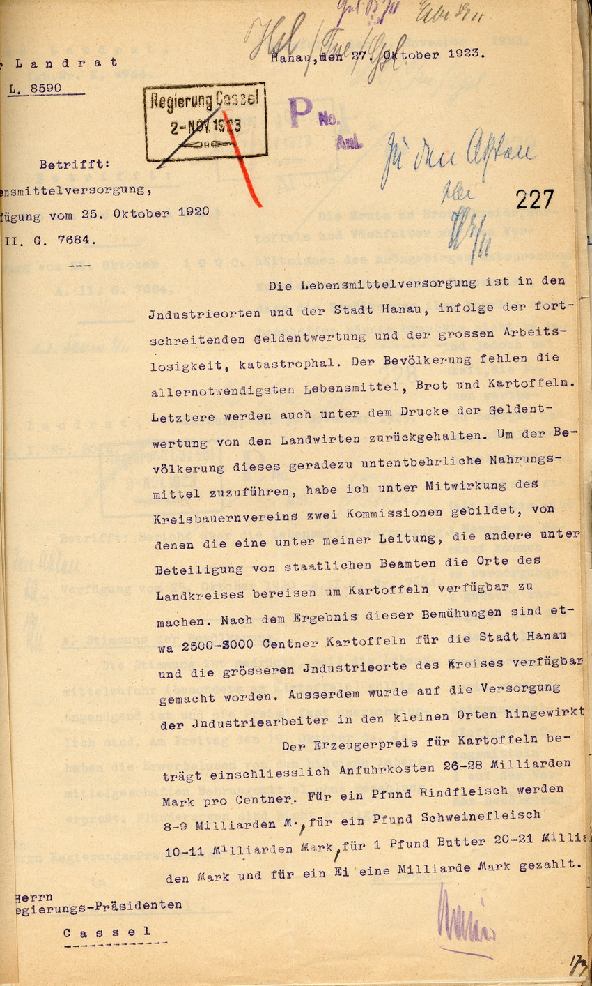 Bericht über die Lebensmittelversorgung des Landrates in Hanau an den Regierungspräsidenten zu Cassel, 27. Oktober 1923.